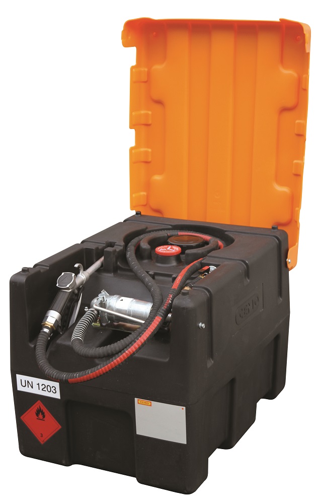 Cuve mobile 200 litres pour le transport d'essence avec pompe manuelle et capot
