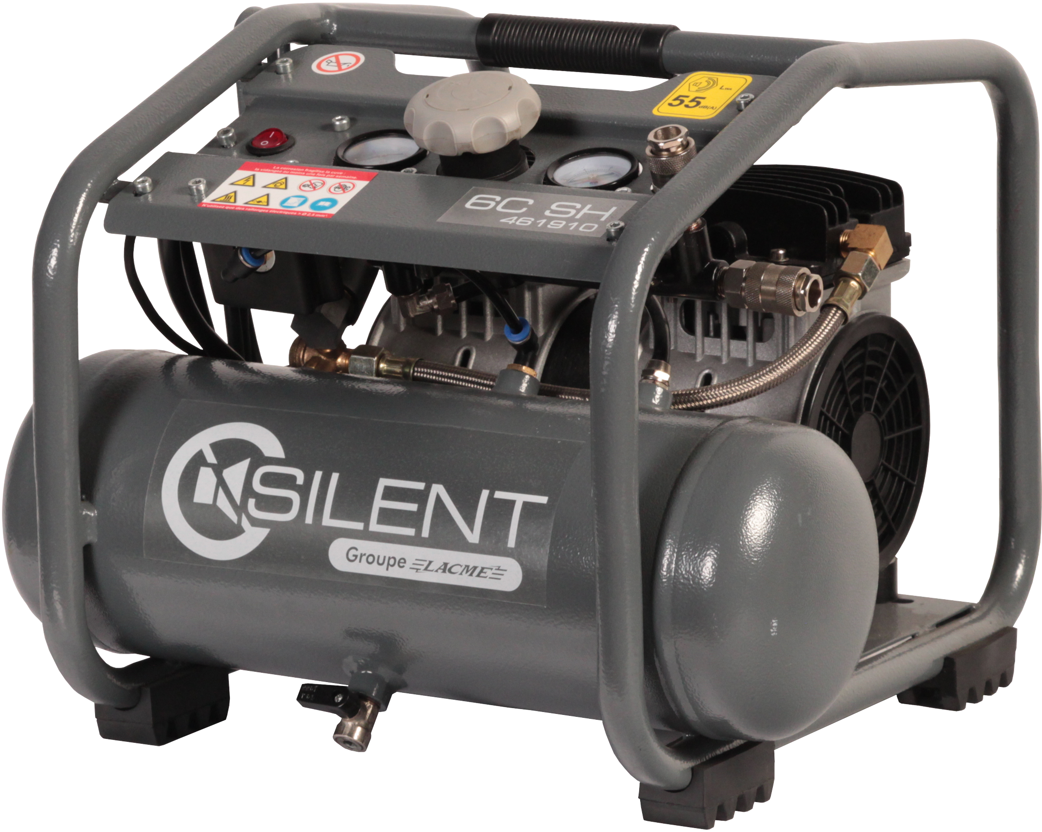Nouveau compresseur Silencieux équipé d’un groupe à pistons oscillants et à faible vitesse de rotation, d’où niveau sonore très faible 55 dB(A) pour plus de confort