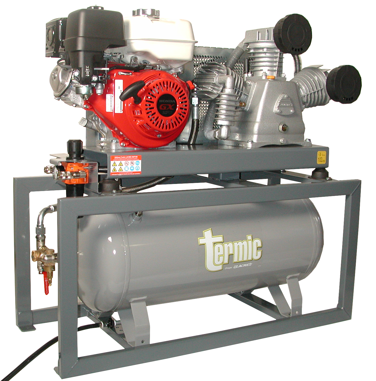 Compresseur thermique, embarqué (stationnaire), autonome, spécial chantier, moteur essence HONDA, groupe fonte tricylindre en W biétagé gros débit : 45 m&sup3;/h