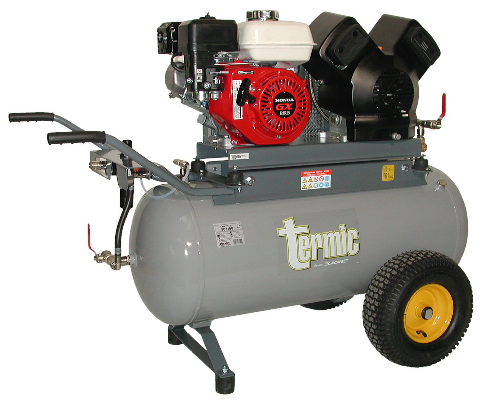 Compresseur thermique, autonome, spécial chantier, moteur essence HONDA, groupe fonte bicylindre en V