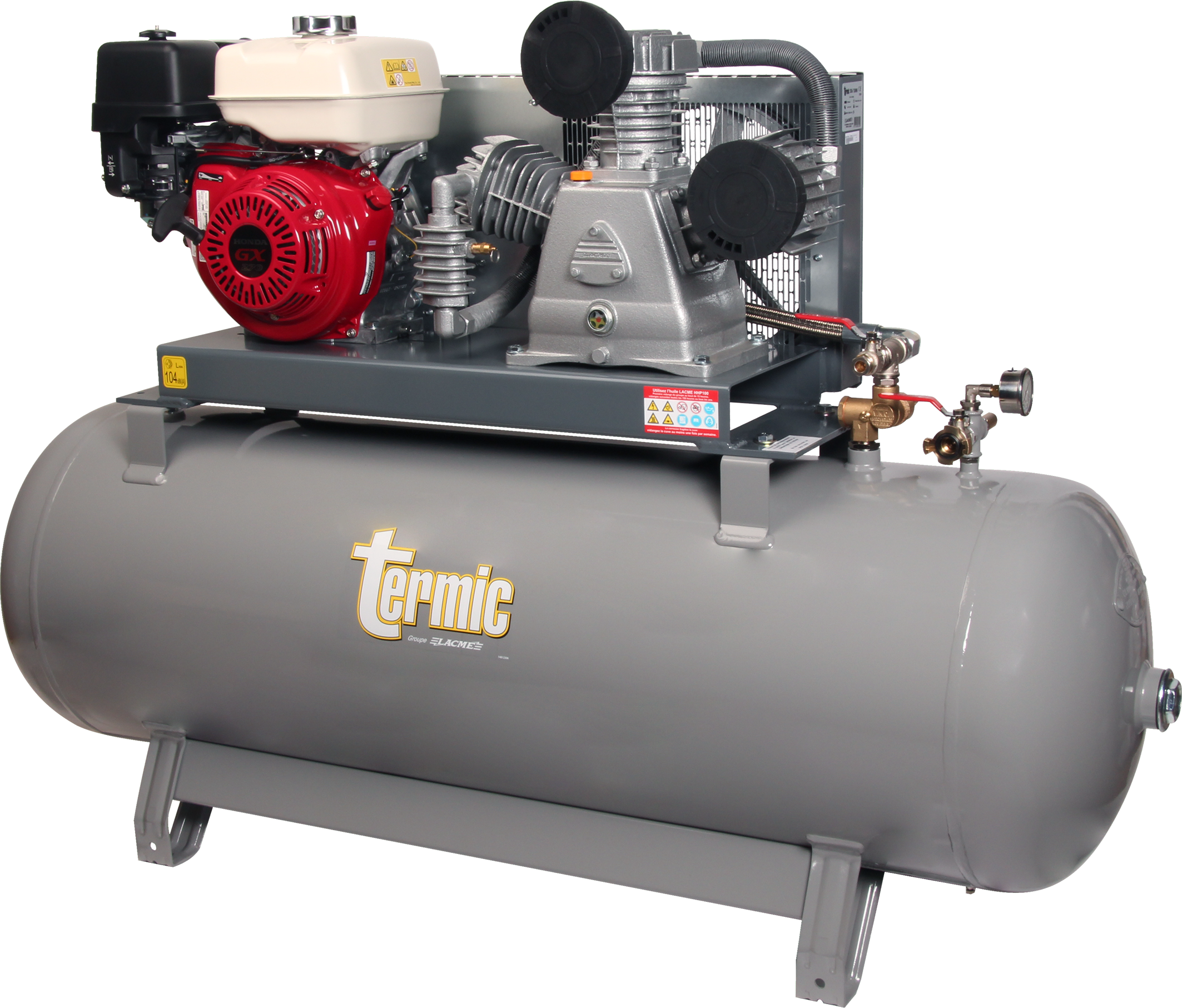 Compresseur fixe thermique, autonome, moteur essence HONDA, groupe fonte tricylindre en W, gros débit biétagé : 39 m&sup3;/h,