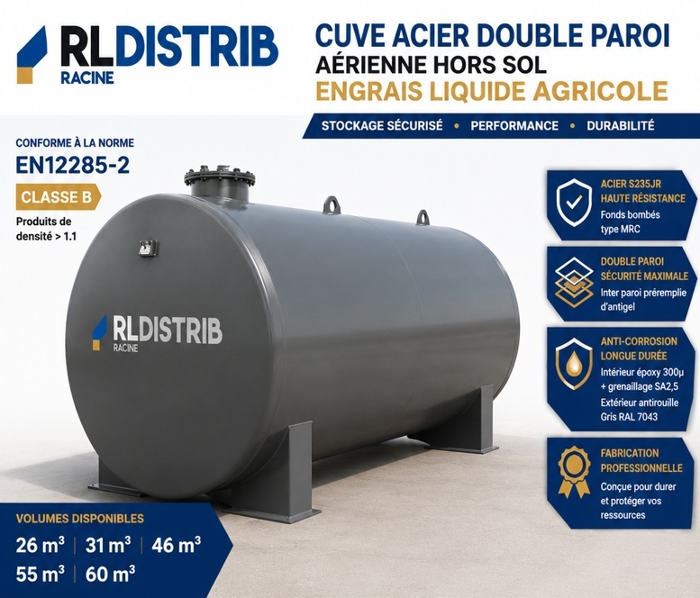 Cuve acier double paroi engrais liquide | RL DISTRIB Cuve acier double paroi pour engrais liquide agricole de 26 à 60 m³. Conforme EN12285-2 Classe B. Fabrication française. Livraison France.