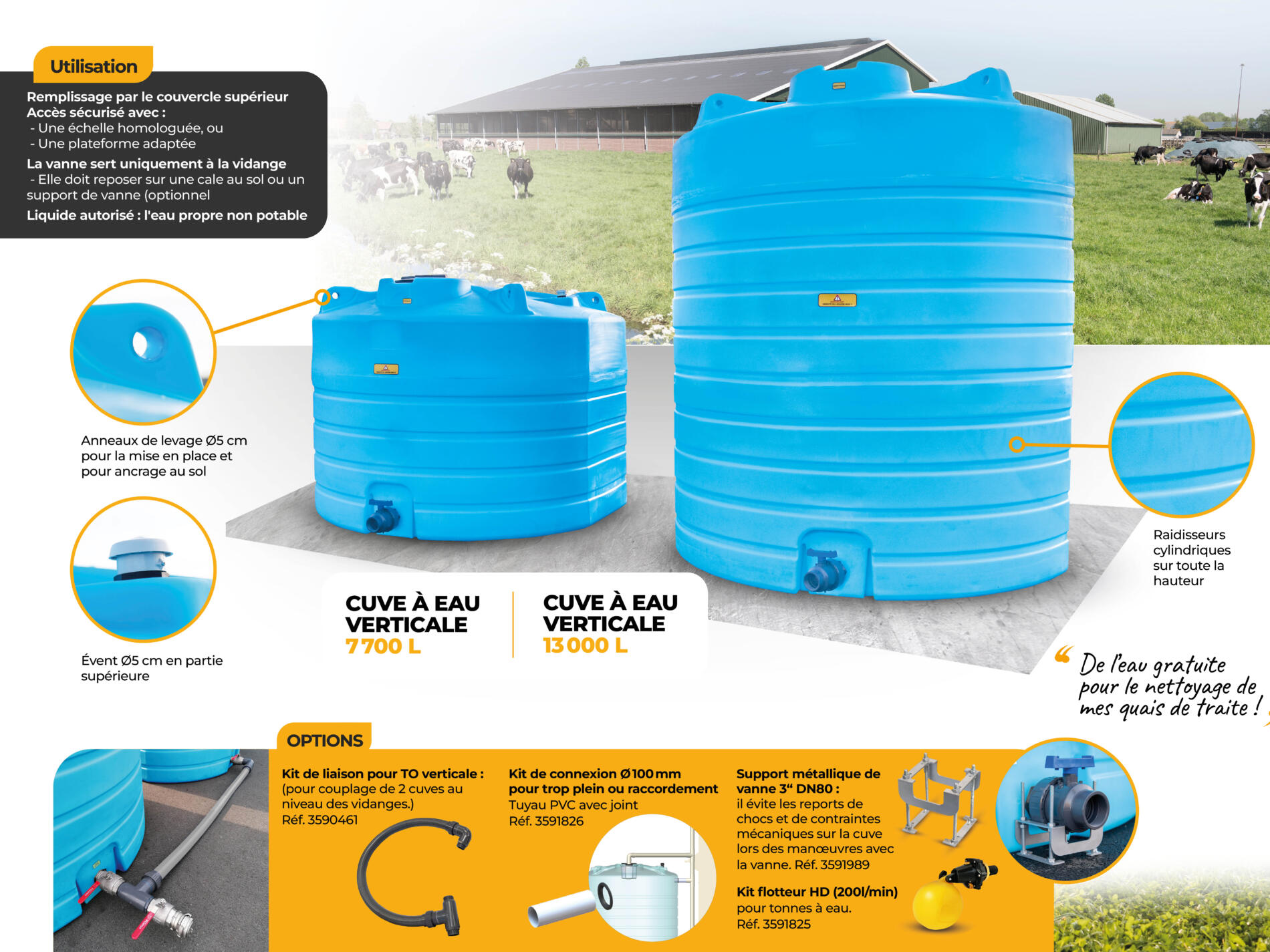 Cuve 7700 L verticale en poly&eacute;thyl&egrave;ne HD anti-UV, id&eacute;ale r&eacute;cup&eacute;ration eau de pluie, robuste, &eacute;quip&eacute;e vanne DN80 et raccord &Oslash;100 mm.