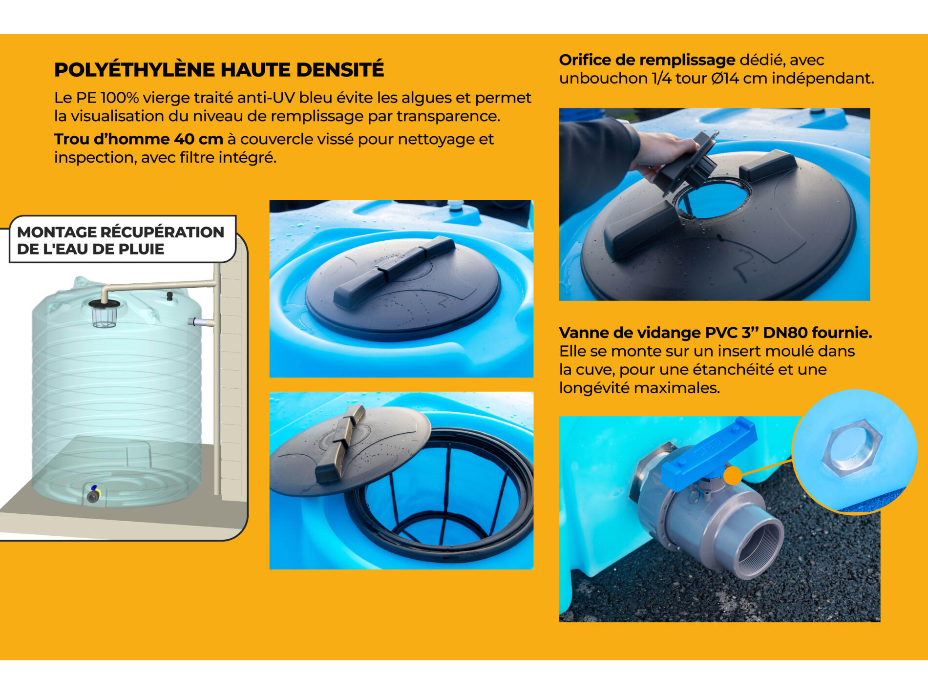Cuve 7700 L verticale en poly&eacute;thyl&egrave;ne HD anti-UV, id&eacute;ale r&eacute;cup&eacute;ration eau de pluie, robuste, &eacute;quip&eacute;e vanne DN80 et raccord &Oslash;100 mm.