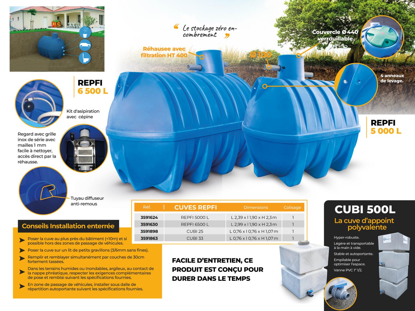 Cuve enterr&eacute;e 5000 L fabriqu&eacute;e en Bretagne. Poly&eacute;thyl&egrave;ne anti-UV, filtration inox, cr&eacute;pine flottante, installation durable et entretien facile.