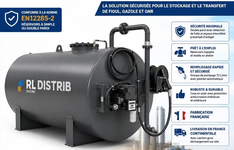 Cuve acier pompe GNR fioul gazole EN12285-2 | RL DISTRIB Station de pompage acier double paroi EN12285-2 pour GNR, gazole et fioul. Débit 72 L/min, fabrication française, livraison partout en France.