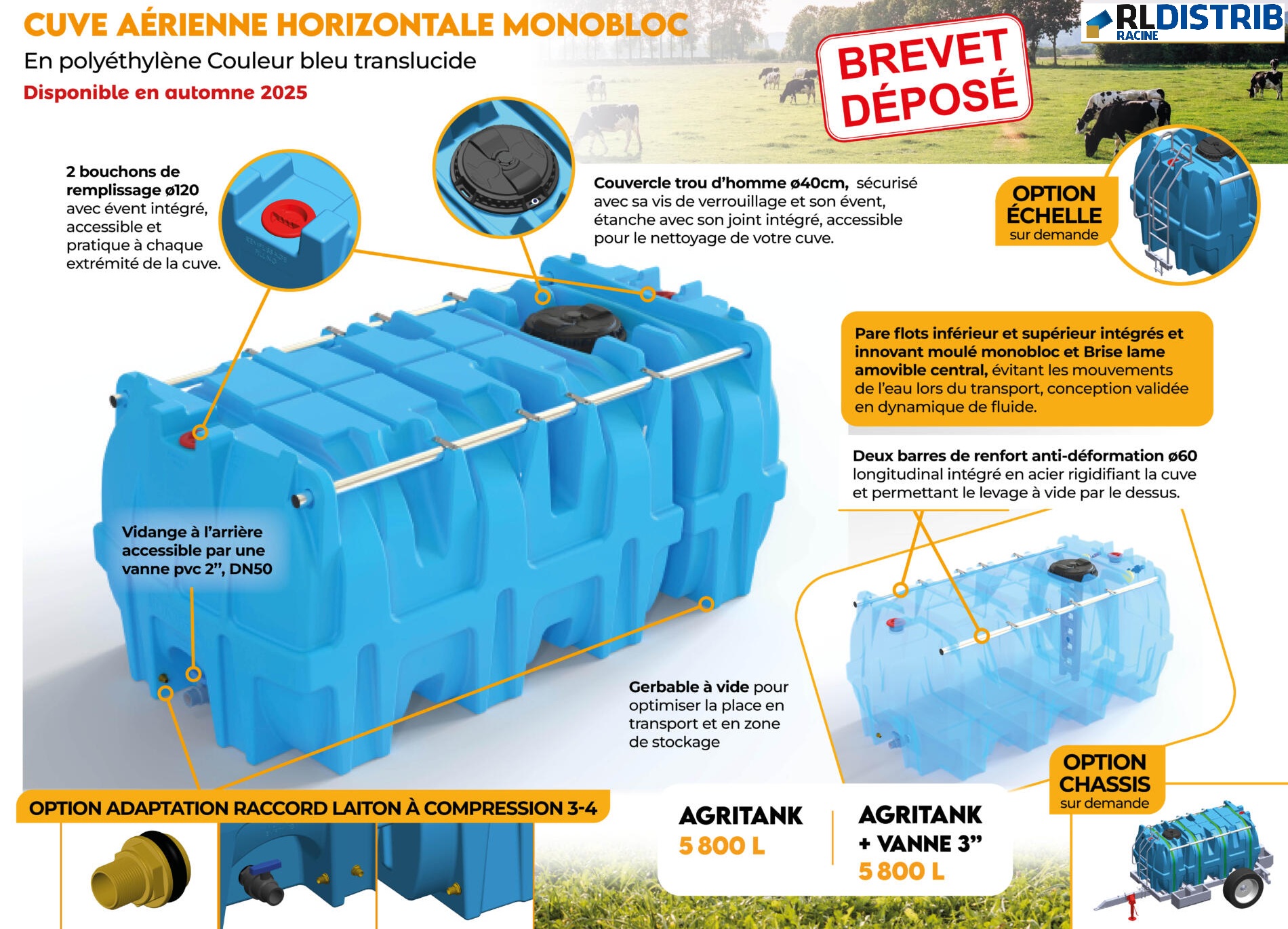 Cuve 5800L antiballant en poly&eacute;thyl&egrave;ne, id&eacute;ale stockage et transport eau agricole. Robuste, stable, options disponibles et livraison incluse.